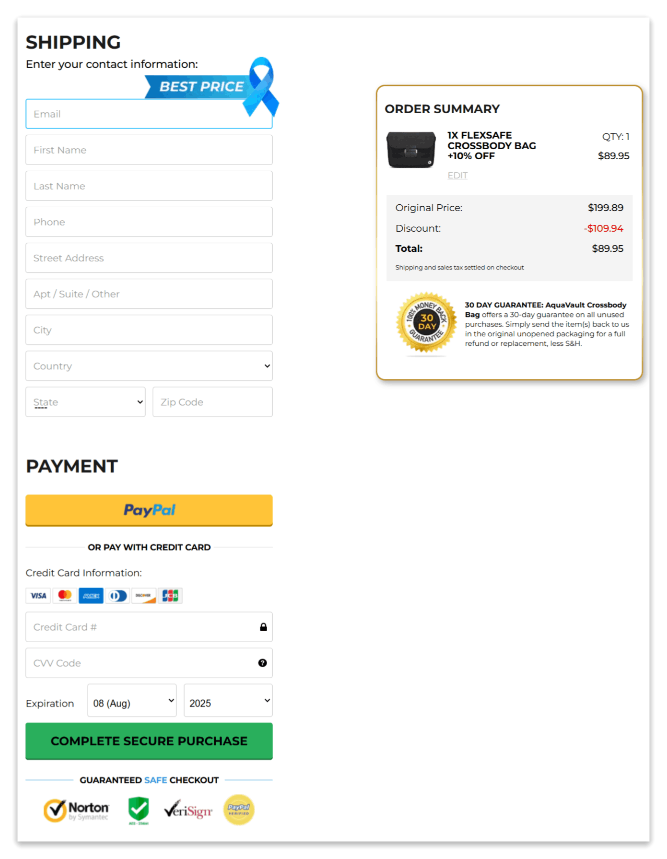 FlexSafe secure checkout page